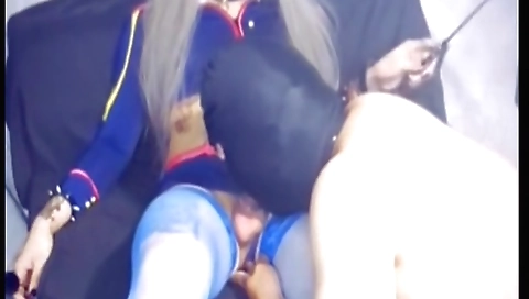 Sexy shemale cosplay fucks a masked male in the bathroom