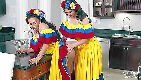 Brunette and petite latina enjoy big cock anal sex