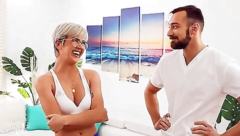 Masseuse gives a nice massage to a girl and she takes care of the guy