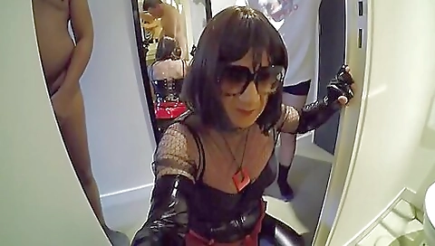 Busty shemale gets fucked by a shemale and a guy in stockings