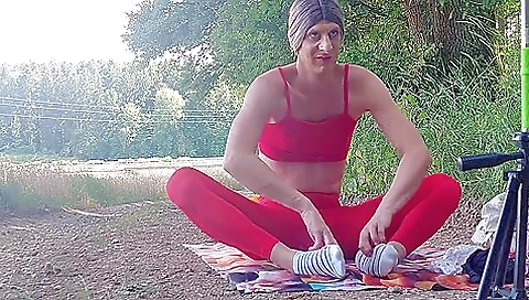 German girl with big tits plays with her own toys outdoors