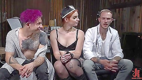 Hot babe in a sexy dress and stockings goes to double penetration