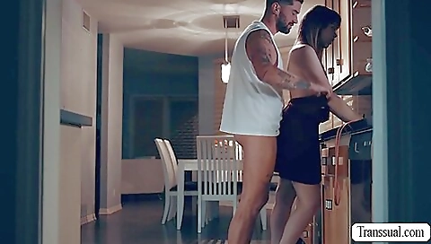 Horny shemale with big boobs is giving anal sex with her stepbro